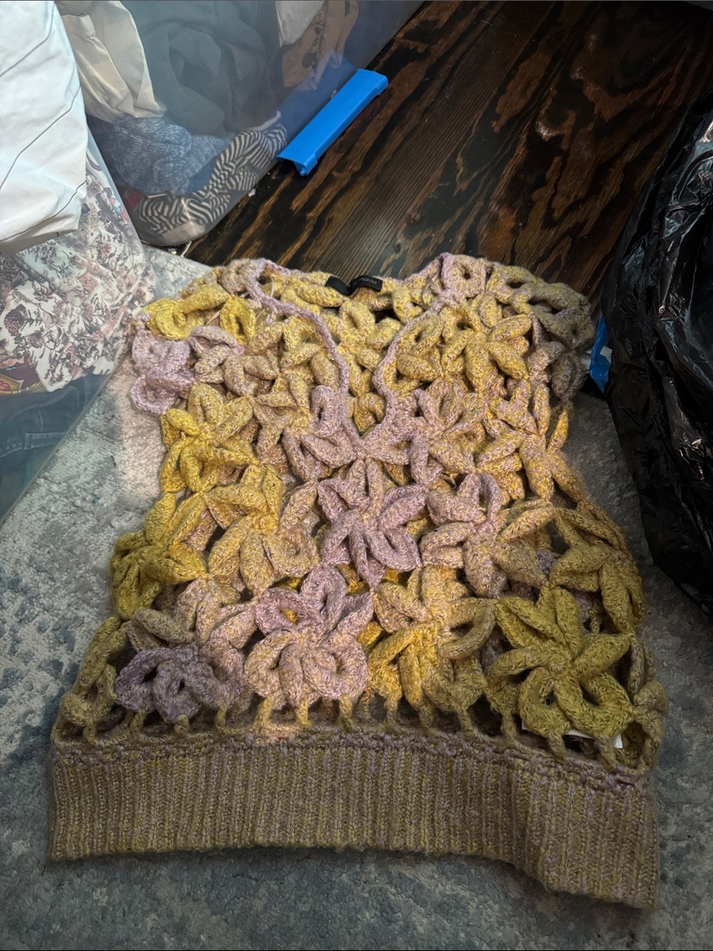 Zara Open-Knit Floral Motif Sweater Vest in Yellow & Mauve